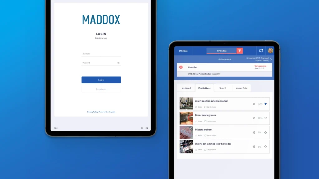 Zwei Tablets mit der Benutzeroberfläche von MADDOX – zeigt Login- und Dashboard-Ansicht der Software zur Demo-Anfrage.