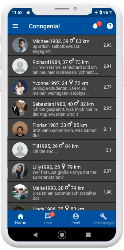 Nutzerliste der Congenial-App im Dark Mode mit Entfernungs- und Interessensvergleich