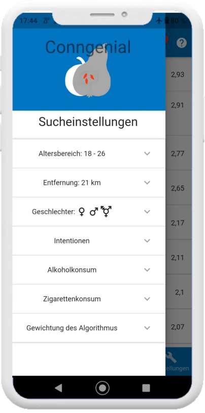App-Screenshot der Sucheinstellungen mit Auswahl für Alter, Entfernung und Absichten.
