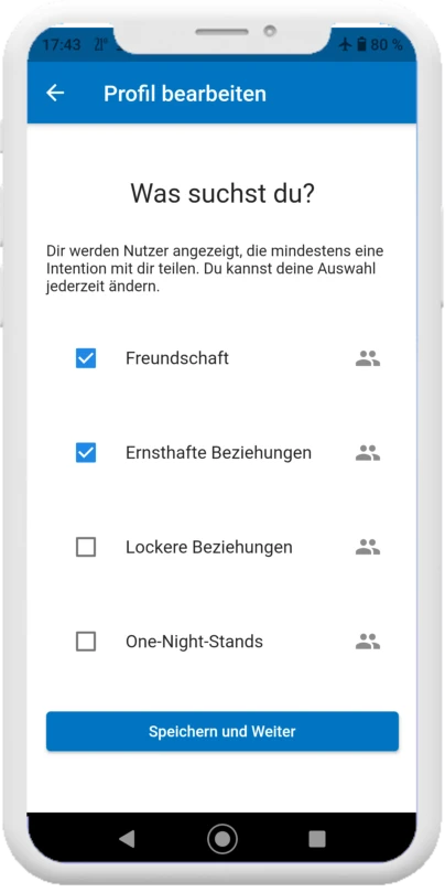 App-Screenshot mit der Frage „Was suchst du?“ und Auswahlmöglichkeiten für Beziehungstypen.