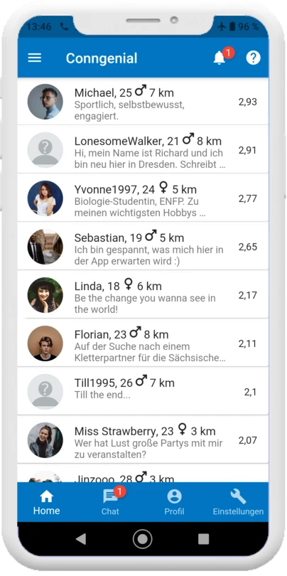 Startbildschirm der Congenial-App mit Nutzerprofilen und Interessenangaben in der Light-Version