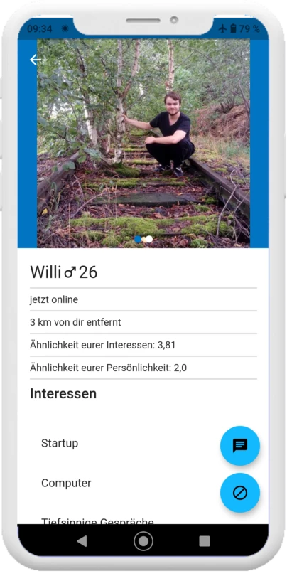 Nutzerprofil in der App Conggenial mit Foto von Willi im Wald und gemeinsamen Interessen.