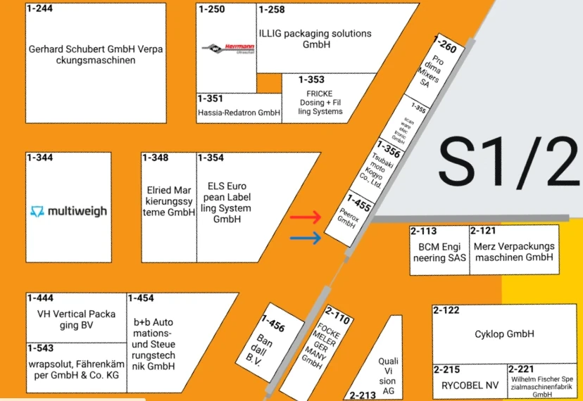 Hallenplan der Messe mit markiertem Peerox-Stand, hervorgehoben durch einen farbigen Pfeil.