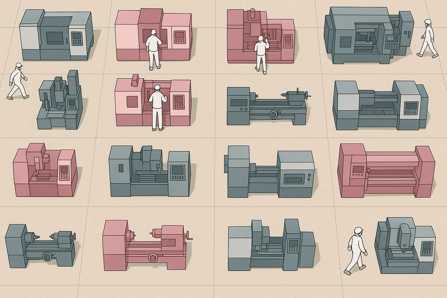 Illustration mehrerer Maschinen in einer Produktionshalle, Symbol für fragmentierte Abläufe und Ansatzpunkte zur Effizienzsteigerung bei Produktionsstillständen