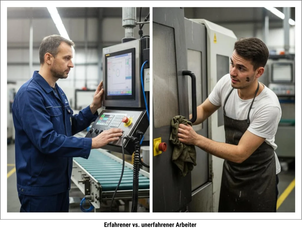 Visueller Vergleich zwischen erfahrener und unerfahrener Bedienende in der Produktion