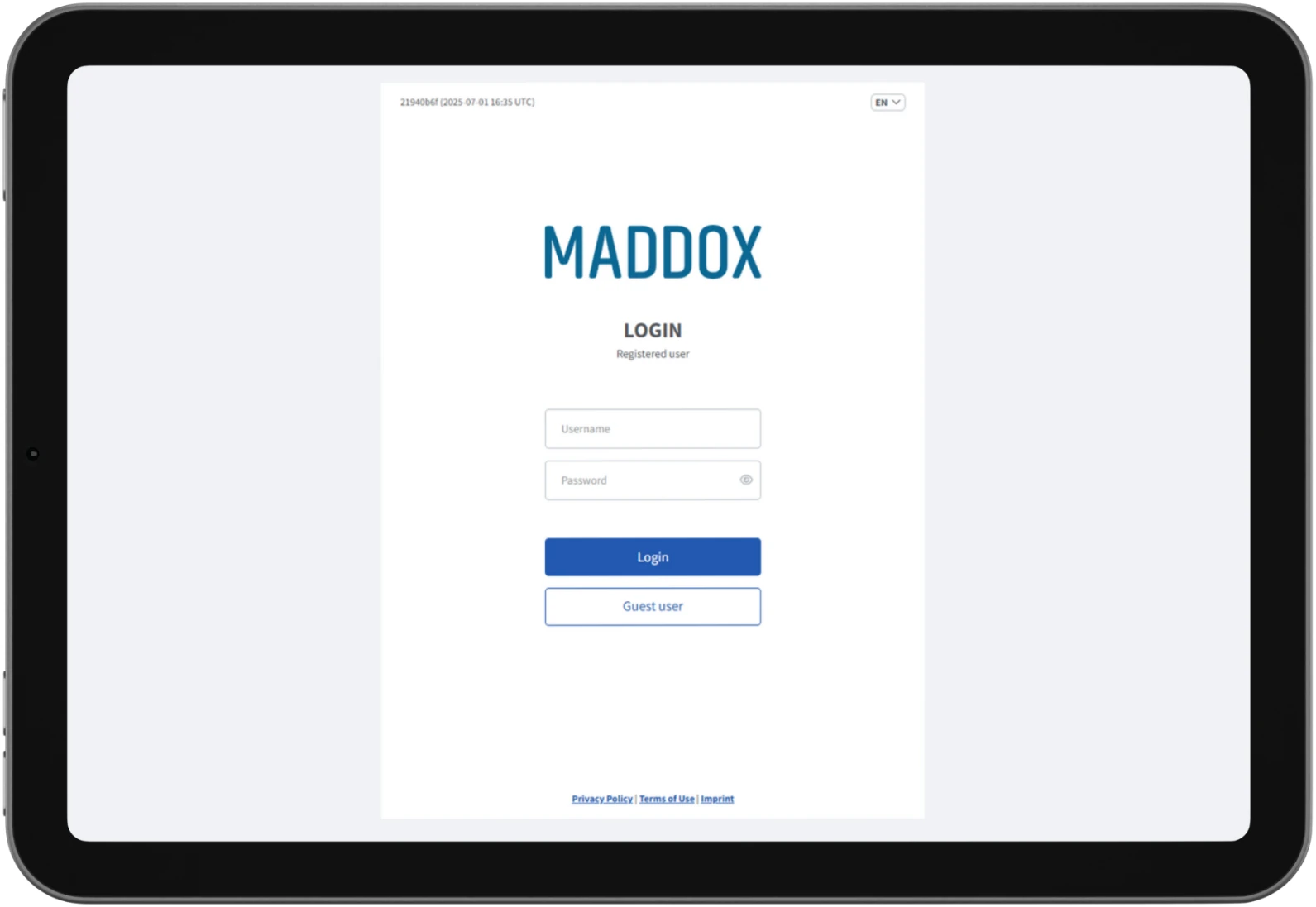 Screenshot of MADDOX Login page