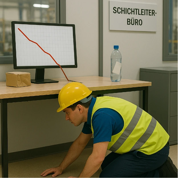 Produktionsleiter symbolisch sucht unter einem Tisch, symbolisiert schelchte OEE Werte