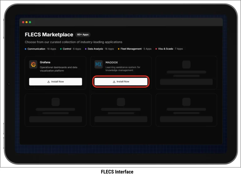 FLECS Marketplace Interface mit viele Apps zur Digitalisierung der Produktion, MADDOX Installation hervorgehoben