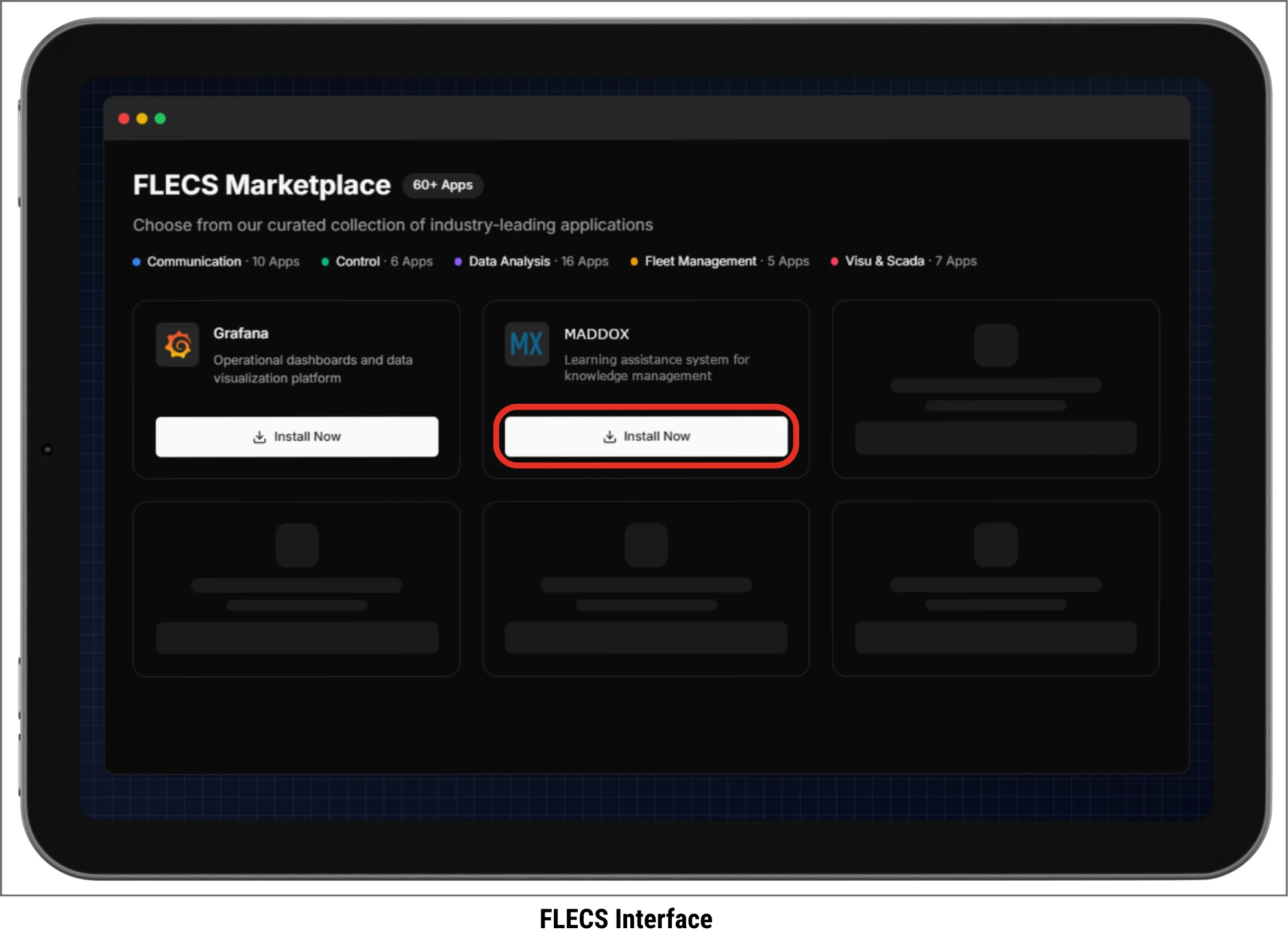 FLECS Marketplace Interface mit viele Apps zur Digitalisierung der Produktion, MADDOX Installation hervorgehoben