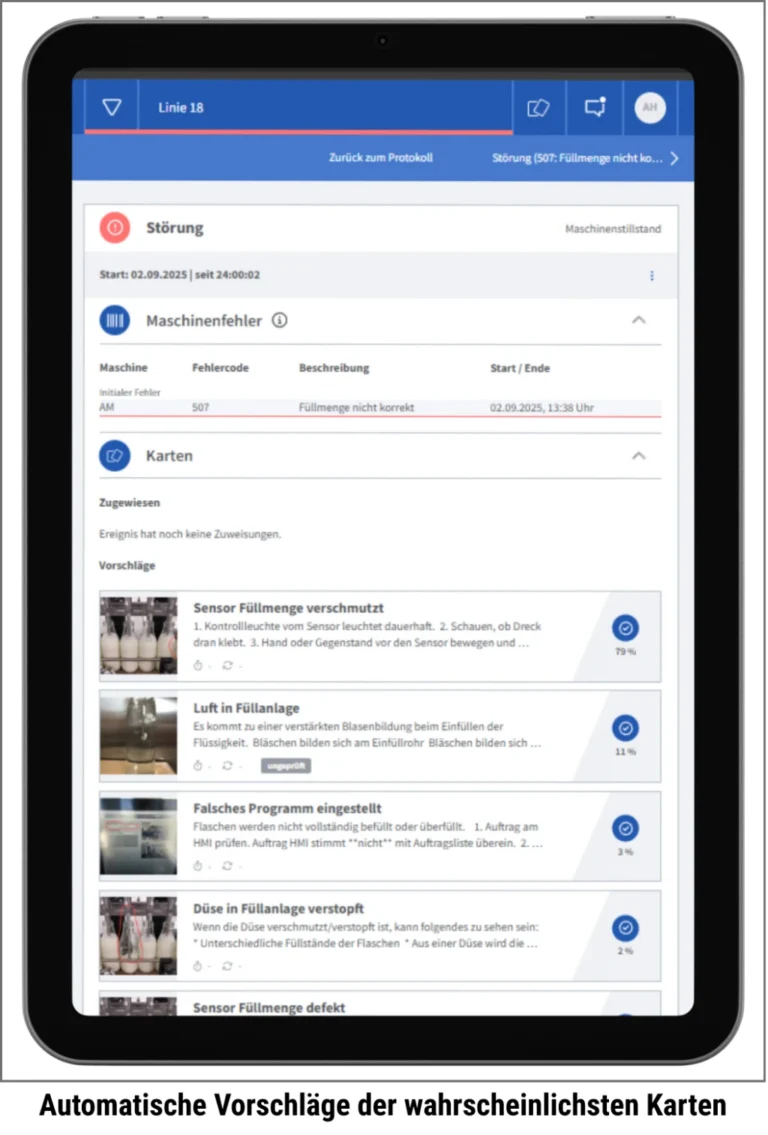 MADDOX Interface bei Maschinenstillstand: Automatische Störungserkennung mit Fehlercode, Live-Maschinendaten und kontextbasierten Lösungsvorschlägen