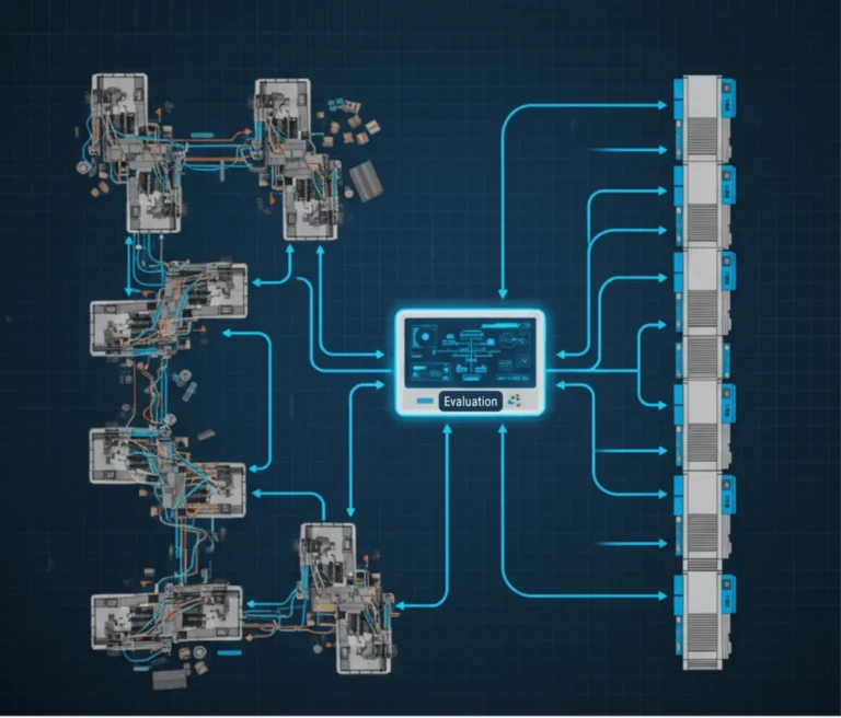 Diagram showing production optimization software evaluation at the center, connected to various manufacturing machines and warehouse systems through data flows