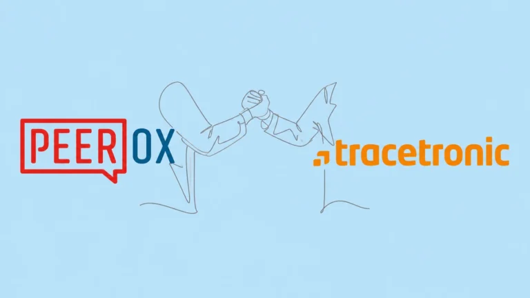 Peerox und tracetronic: Logos beider Dresdner Softwareunternehmen mit Händedruck, der die Mehrheitsbeteiligung und Partnerschaft symbolisiert